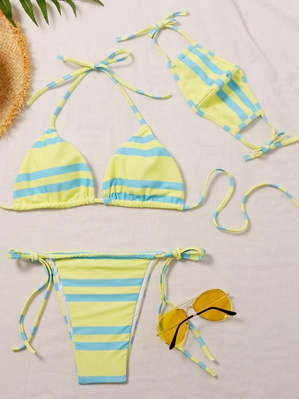 Striped Polychromatic Triangles Split Bikini Swimsuit+Mask