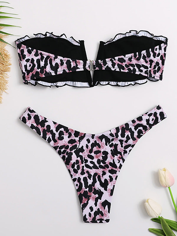 Sexy Bandeau-Bikini-Badeanzug mit Schlitz und Leopardenmuster 