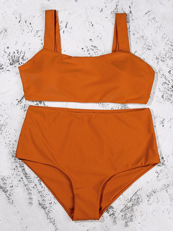 Solid Color Square-Neck Empire Split Bikini Swimsuit