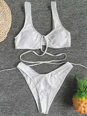 Wet Look Bandage Hollow Split Bikini Swimsuit