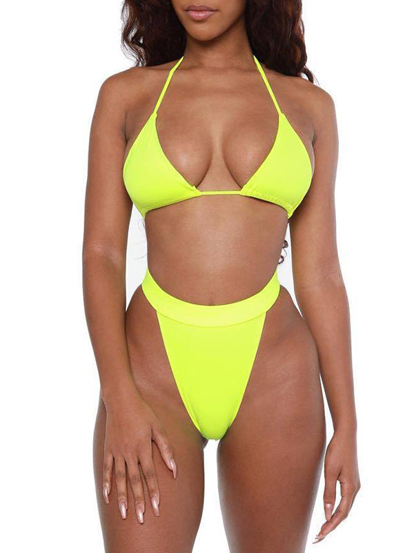 Solid Color See-Through Long Sleeve+Triangles Split Bikini Swimsuit+Three-Piece Set