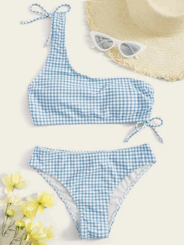 Bikini-Badeanzug mit One-Shoulder-Bandage-Schlitz und Karomuster 