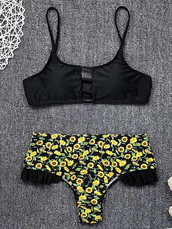 Floral-Print Split-Joint Bandage Split Bikini Swimsuit