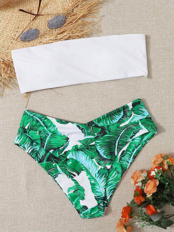 Einfarbiger Bandeau-Bikini-Badeanzug mit Farbblockdesign und Schlitz 