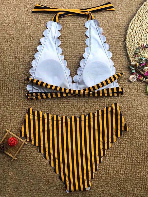 Deep V-Neck Striped Bikini Swimsuit