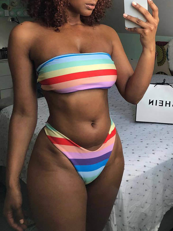 Color Stripes Bandeau Split Bikini Swimsuit