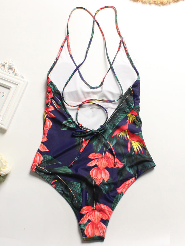 Floral-Print Sleeveless Backless Tight One-Piece Swimwear