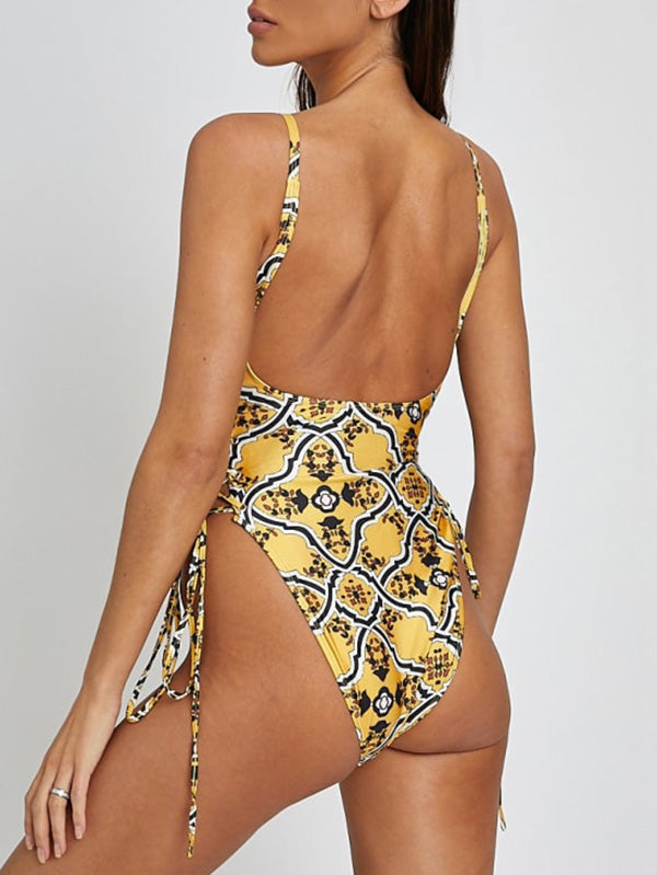 Floral-Print Bandage Hollow One-Piece Swimwear