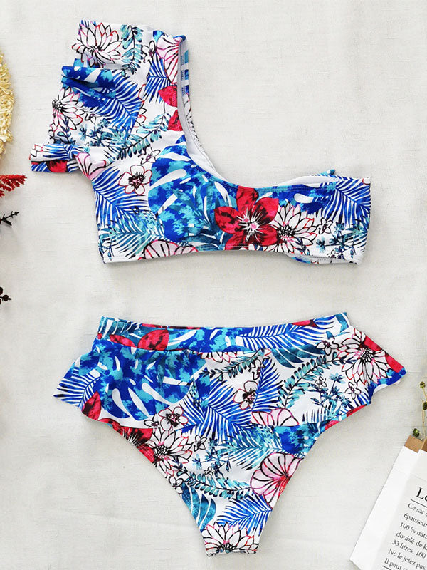 Ruffled Bowknot Floral High-Waist Bikini Swimwear