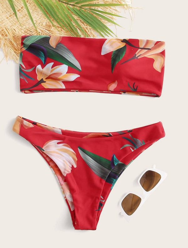 Floral-Print Bandeau Split Bikini Swimsuit