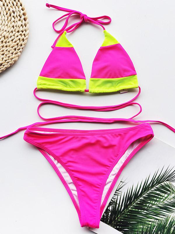 Color-Block Bandage Triangles Split Bikini Swimsuit