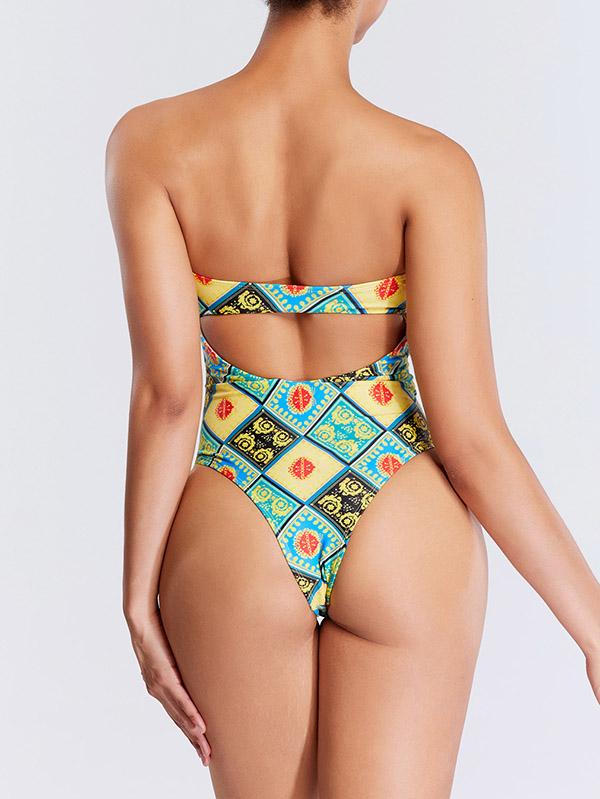 Vintage Print Hollow Bandage Bandeau One-Piece Swimwear