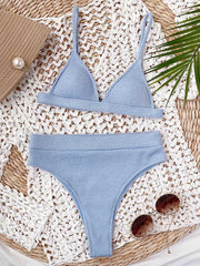 Solid Color Triangles Empire Split Bikini Swimsuit