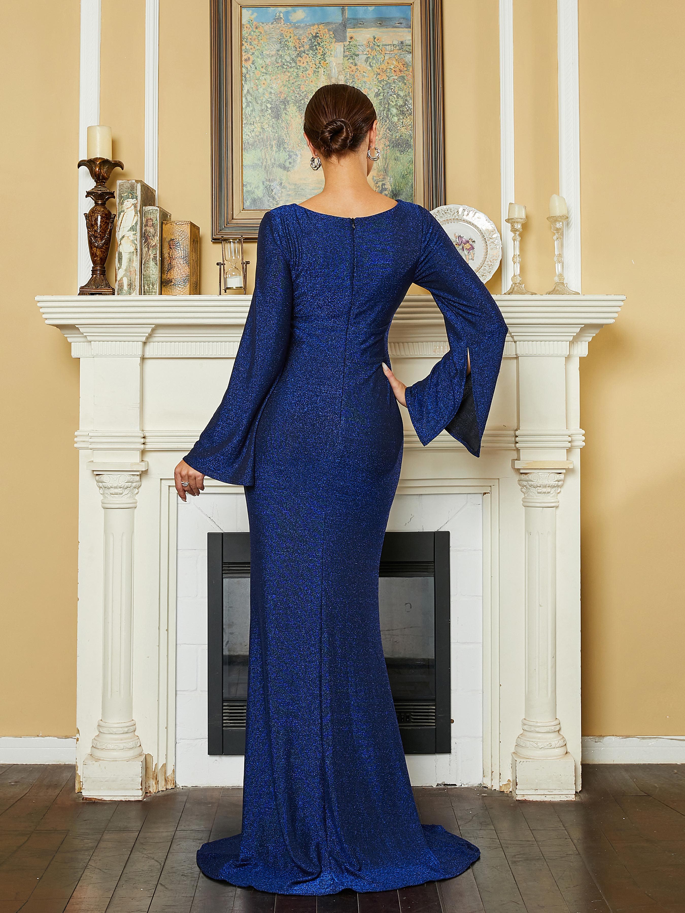 Cutout Bell Sleeve Sequin Dark Blue Evening Dress RA60051