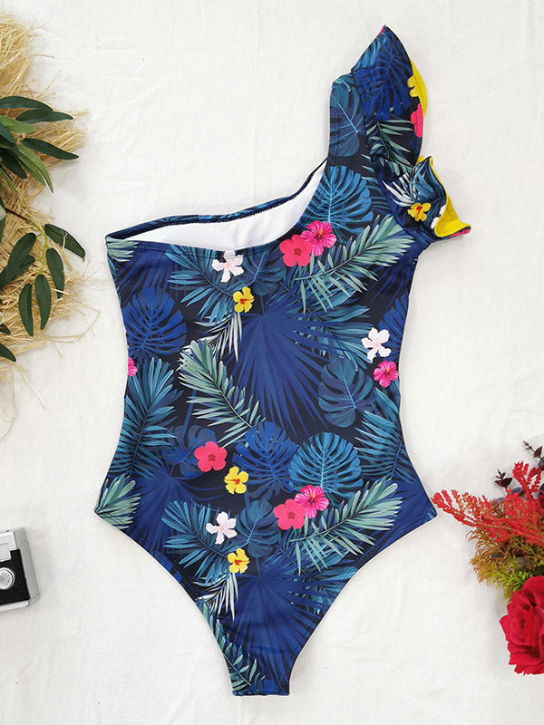 Floral One-Shoulder Falbala Tight One-Piece Swimwear