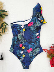 Floral One-Shoulder Falbala Tight One-Piece Swimwear