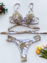 Bikini-Badeanzug mit Blumenmuster, Bügel und Bandage sowie Schlitz 