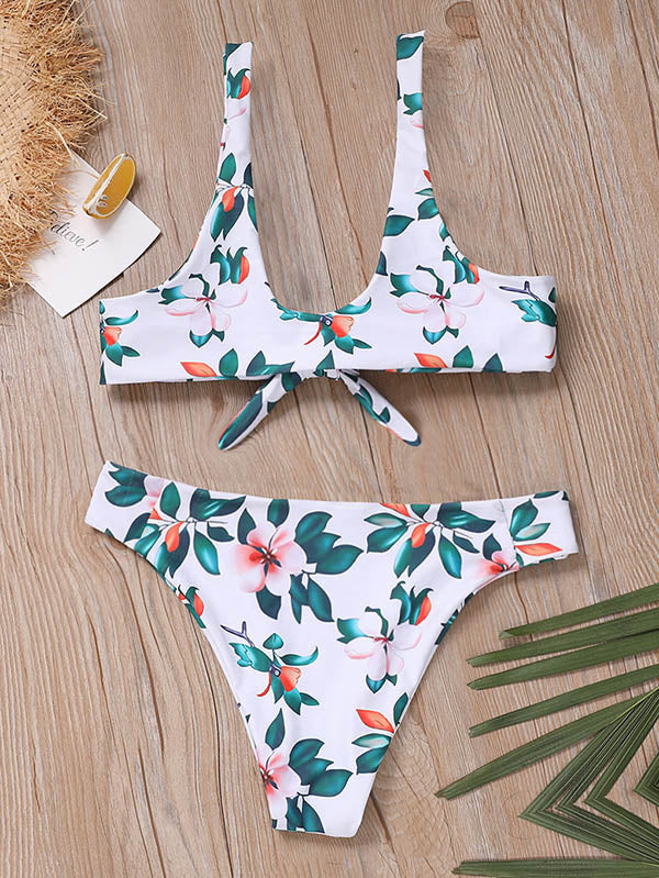 Floral-Print Color-Block Knotted Split Bikini Swimsuit