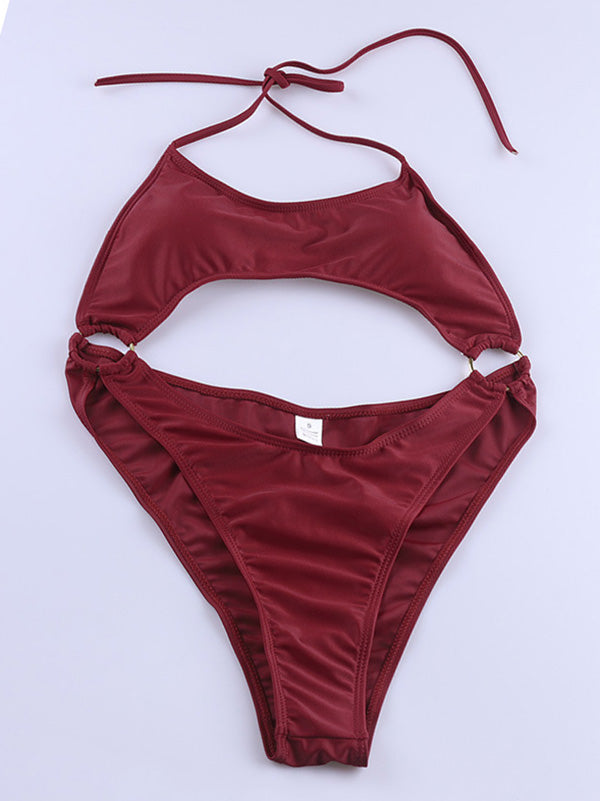 Solid Color Halterneck Split-Joint Backless Monokini Swimwear