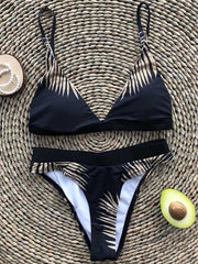 Leaf-Printed Solid Halter-Neck Bikini Swimsuit