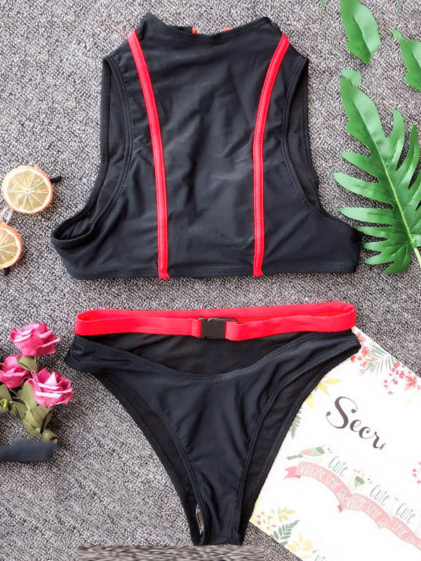 Sleeveless V-Neck Padded Zipper Hipster Bikini Swimwear