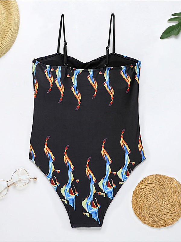 Floral Spaghetti-Neck Bandeau Hollow One-Piece Swimwear