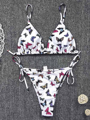 Floral-Print Triangles Bandage Split Bikini Swimsuit