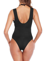 Solid Color Bandage Split-Joint Deep V-Neck One-Piece Swimwear