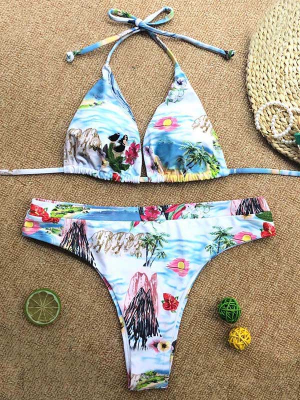 Triangel-Bikini-Badeanzug mit Blumenmuster und Schnürung 