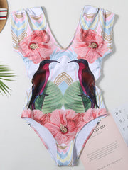 Short Sleeve V-Neck Backless Hollow One-Piece Swimwear