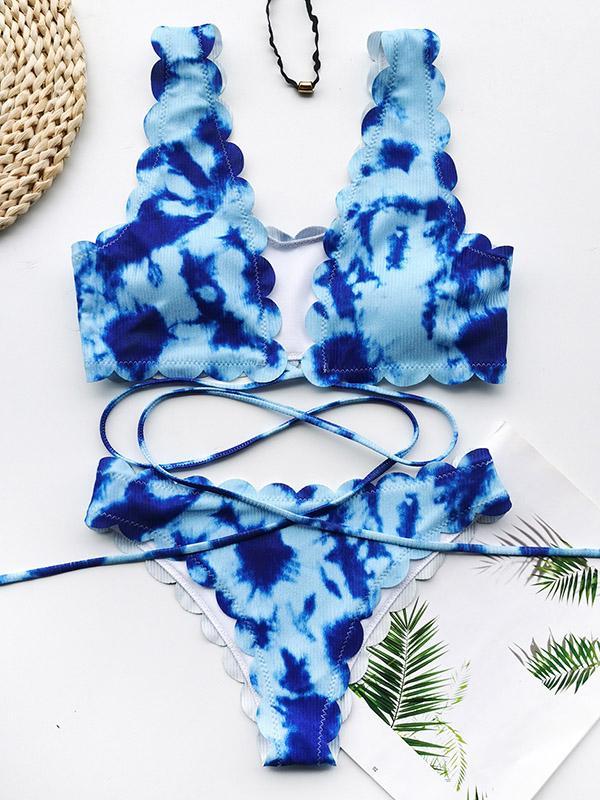 Tie-Dyed Floral-Print Deep V-Neck Bandage Split Bikini Swimsuit