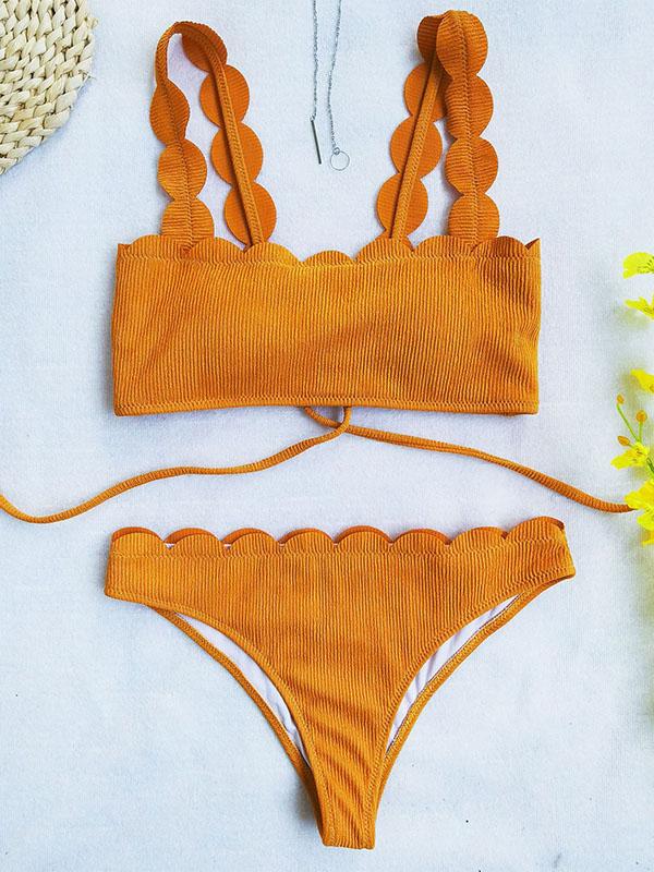 Solid Color Lace Bandage Bandeau Split Bikini Swimsuit