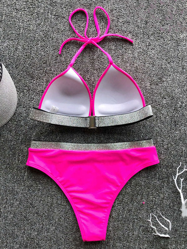 Color-Block Halterneck Bralette More Coverage Backless Bikini Swimwear