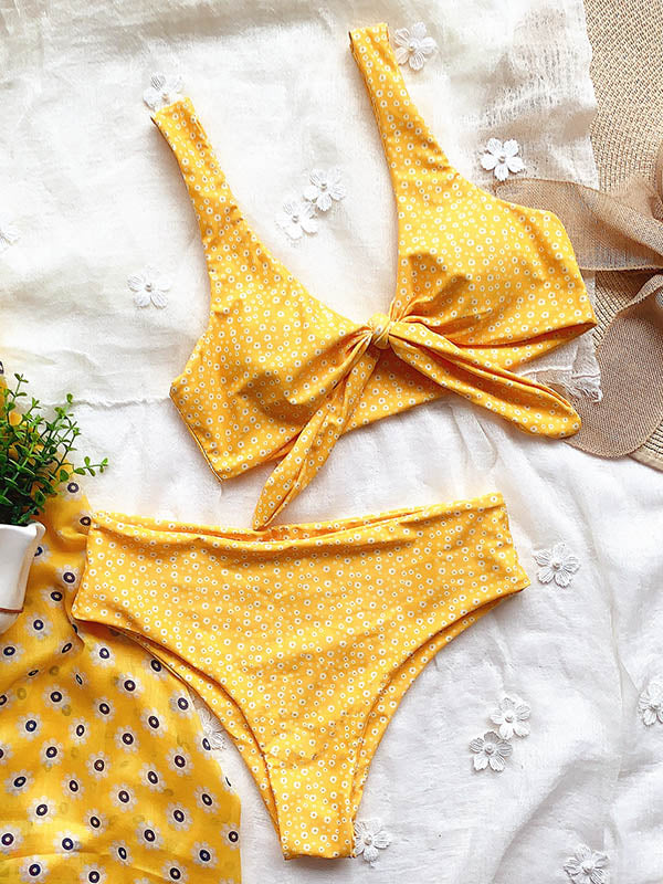 Bikini-Badeanzug mit Blumenmuster, V-Ausschnitt, Schlitz und Knoten 