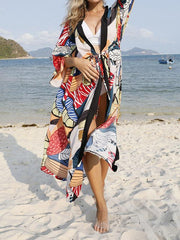 Floral-Print Belted Long Sleeve Tunicshang Cover-Ups