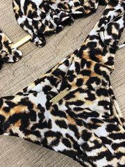 Leopard Print Ruffled Triangles Bandage Split Bikini Swimsuit