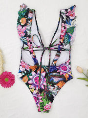 Floral Deep V-Neck Split-Joint Lace Backless One-Piece Swimwear