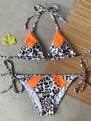 Leopard Print Split-Joint Triangles Bandage Split Bikini Swimsuit