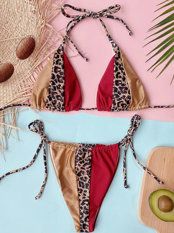 Bikini-Badeanzug mit Leopardenmuster, Farbblock, Dreiecken, Bandage und Schlitz 