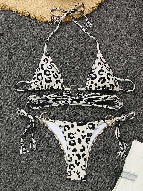 Rückenfreier Bikini-Badeanzug mit Leopardenmuster, Bandage und Dreiecken 