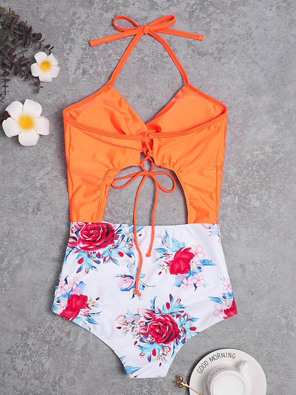 Halterneck Floral Hollow Split-Joint Backless One-Piece Swimwear