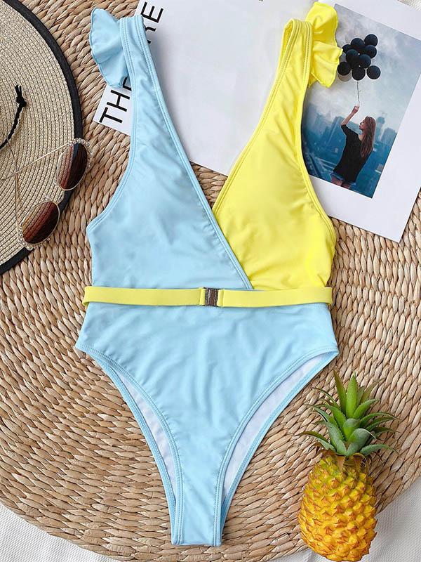 Contrast Color Split-Joint Belted One-Piece Swimwear