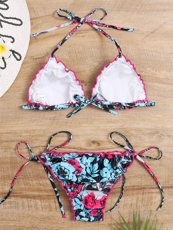 Floral Halterneck Triangles Tie Side Backless Bikini Swimwear