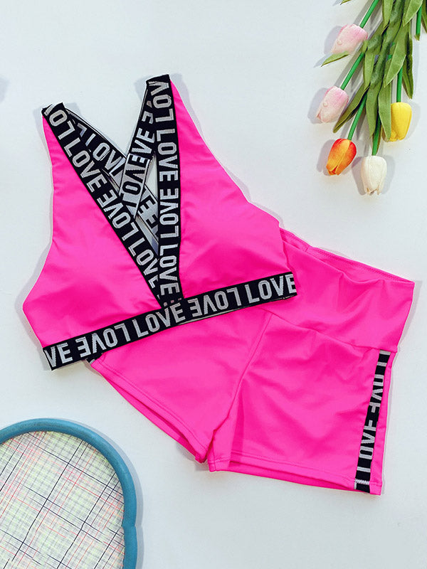 V-Neck Letter Print Bralette High-Waisted Sport Bikini Swimwear