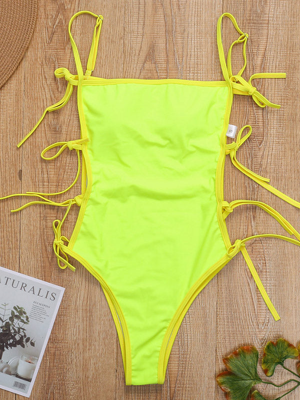 Spaghetti-Neck Tight Hollow Monokini Swimwear