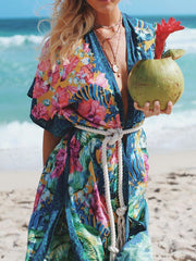 Floral-Print Belted Knotted Tunicshang Cover-Ups Tops