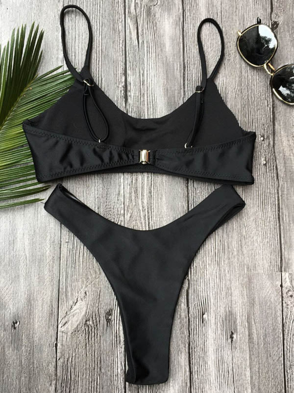 Solid Round-Neck Plunge Top With Hipster Bikini Set