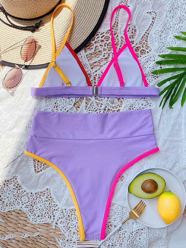 Contrast Color Split-Joint Triangles Empire Split Bikini Swimsuit