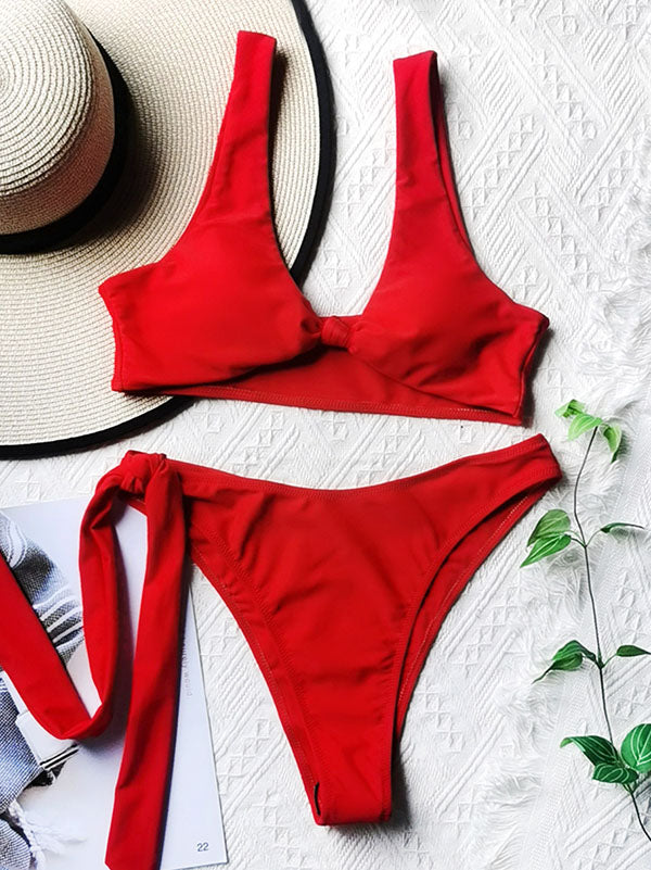 Solid Bandage Knot Split Bikini Swimsuit