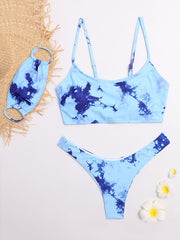 Tie-Dyed Gradient Spaghetti-Neck Split Bikini Swimsuit+Mask